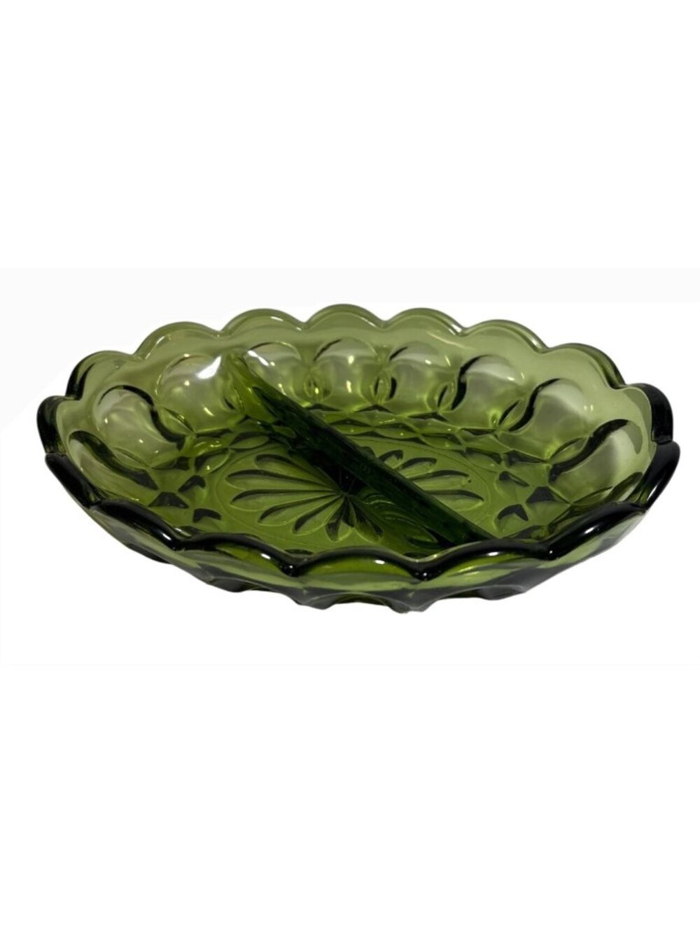 Green Depression Glass Divided Oval Dish With Scalloped Edge Floral 7 x 5"